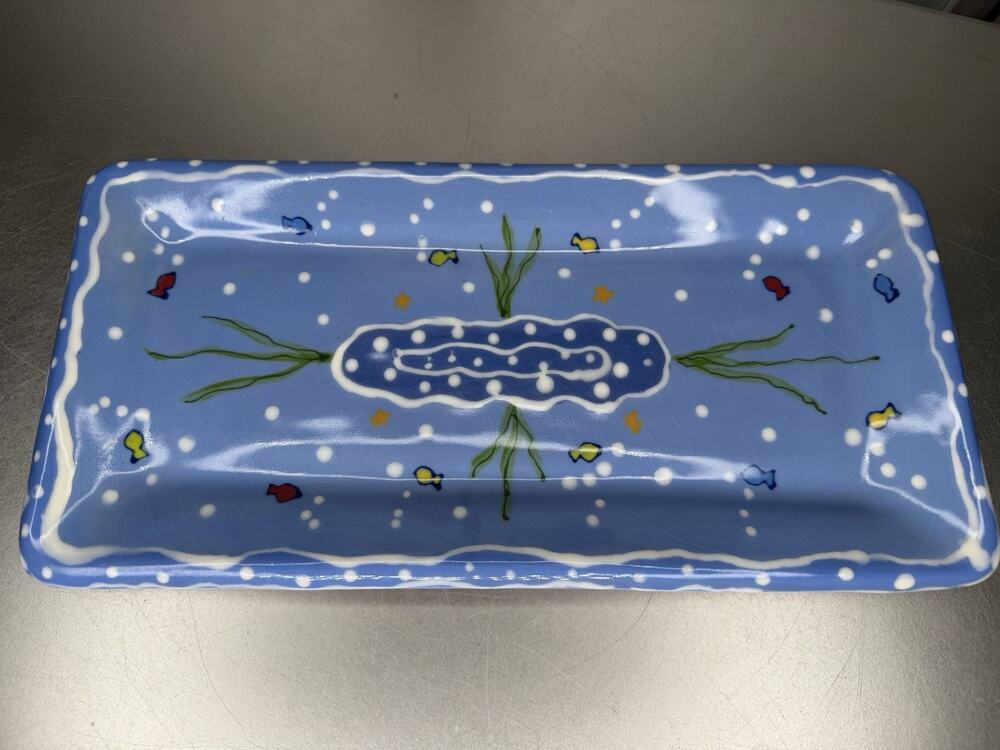 Fired Up Ceramics Ocean Theme Plate Art Pottery Blue Multicolor Fish 13x6in